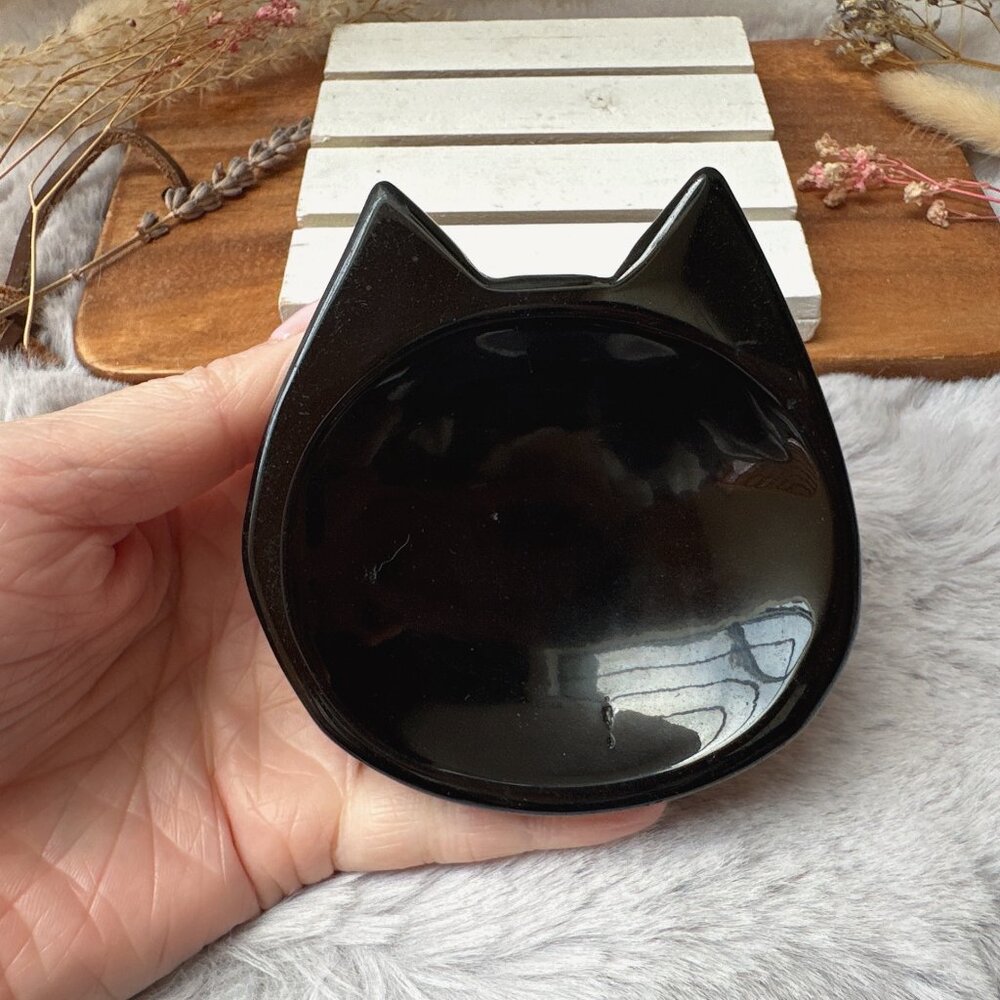 Beautiful Small Obsidian Cat Bowl/Dish **For Decor Only**